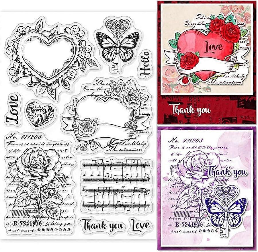 1Sheet Rose Music Text Background Silicone Clear Stamp Seals