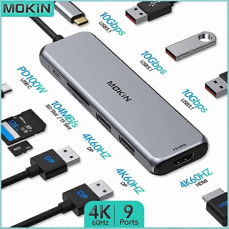 High performance 9 in 1 Docking Station for MacBook Air Pro  iPad  Thunderbolt Laptop   USB3.1  HDMI DP 4K60Hz  PD 100W  SD  TF