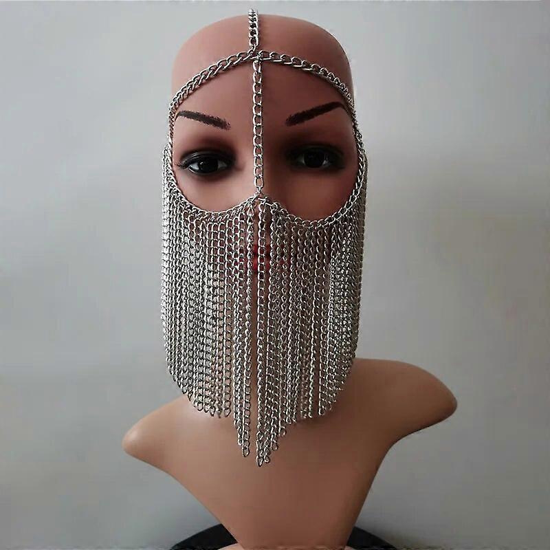 חדש פאנק מסגסוגת מסגסוגת ראש ראש שרשרת צעיף צעיף בגדי ריקוד נשים כיסוי ראש ריינסטון שרשרת מסכה שמלת נשף אישיות סקסי תכשיטי פנים