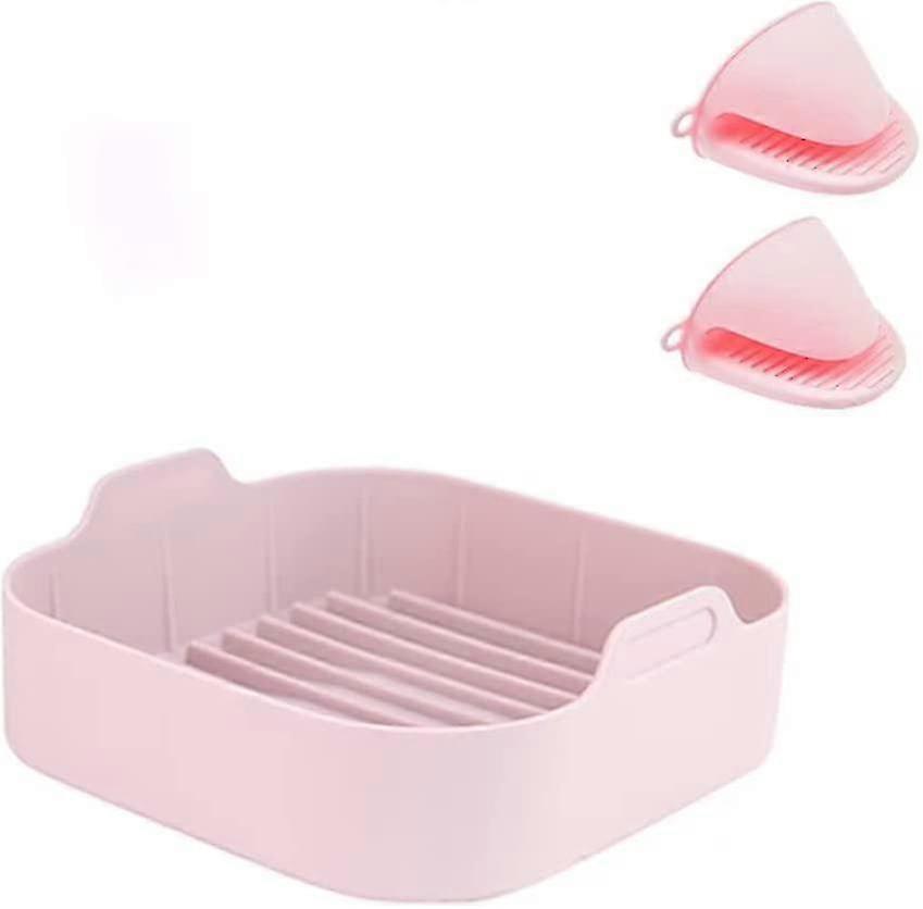 Air Fryer Silicone Pot, Square Shape Air Fryer Liners With Oven Mitts, Reusable Heat Resistant Food Safe Bowl(color:pink)
