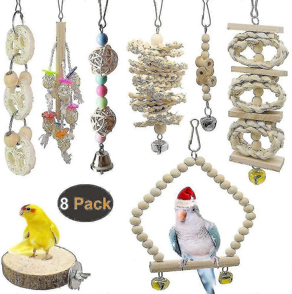 8 Pack Bird Toys For Hanging Natural Wood For Small Parrots