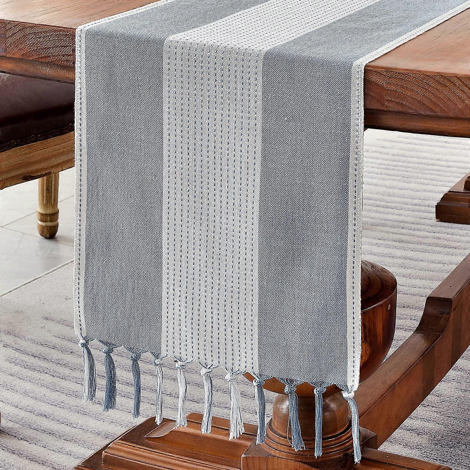 Cotton Linen Table Runner 180cm Long with Hand-tassels, Macrame Table Runner for Holiday Parties and Everyday Use(Blue, 180cm)
