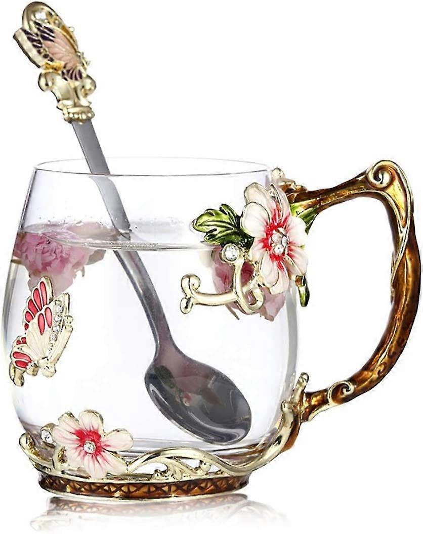 Butterfly Flower Glass Cup with Spoon (Red)