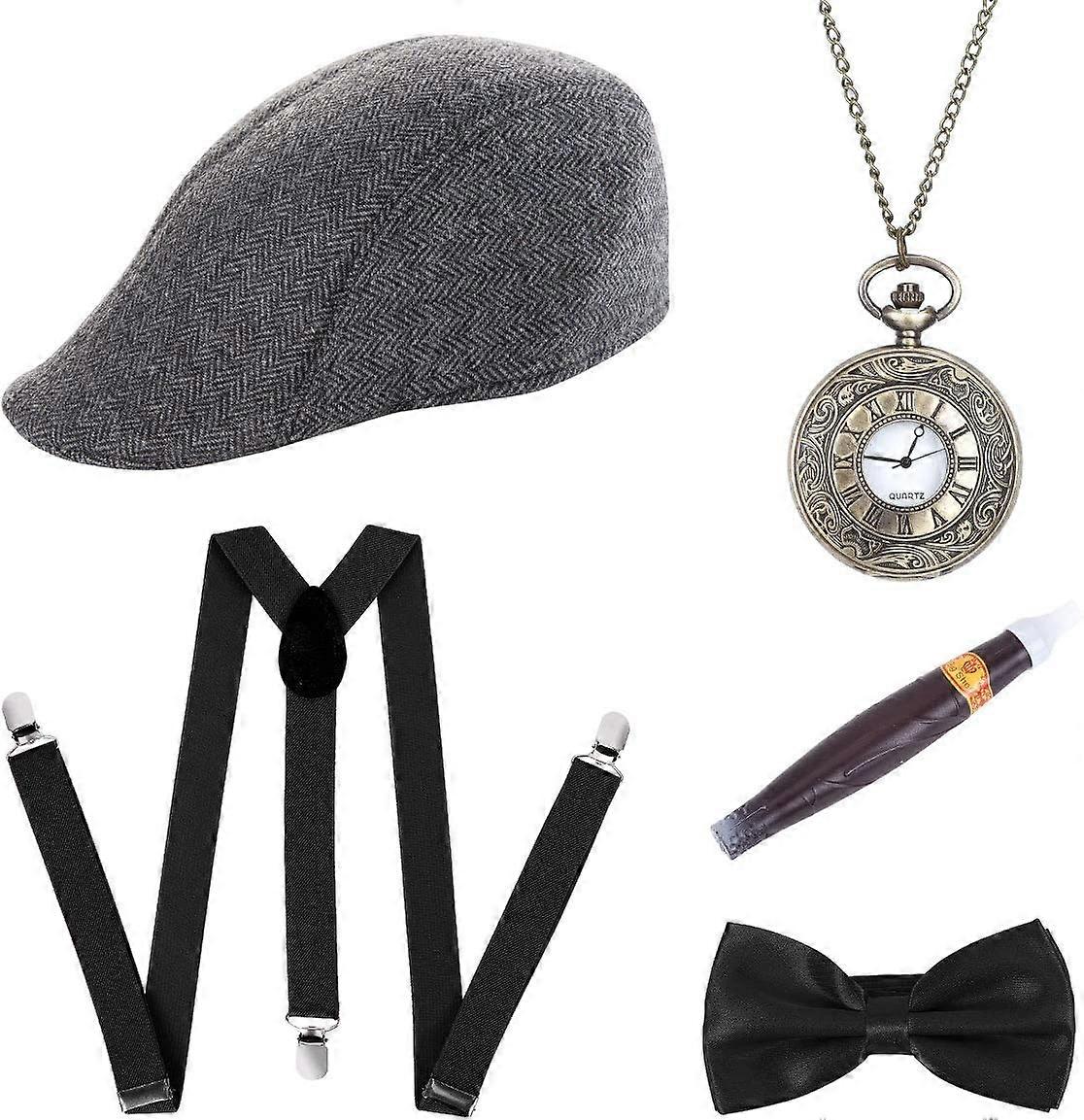 1920s Men Accessories - Gatsby Costume Accessories Set Panama Hat Elastic Y-Back Suspender Bow Tie Vintage Pocket Watch and Fake Cigar for Men Fancy D