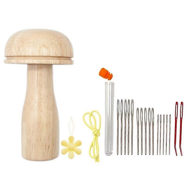 Cute Darning Set with Mushroom Shape Wooden Darner Sewing Tool Kit for Socks Pants Sweaters DIY Sew