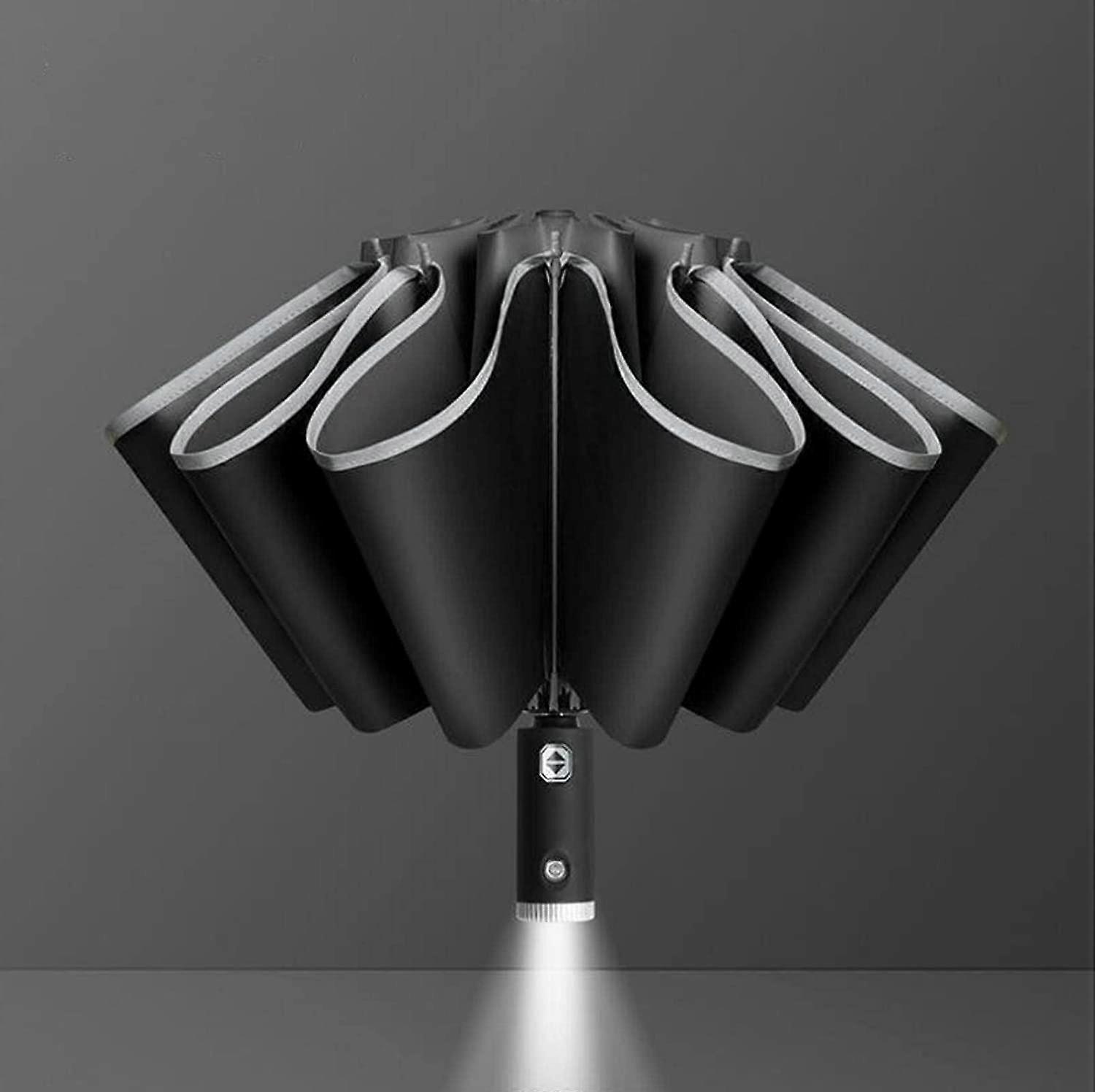 Automatic Opening and Closing Inverted Three-Fold Folding Umbrella Reflective Side with Flashlight
