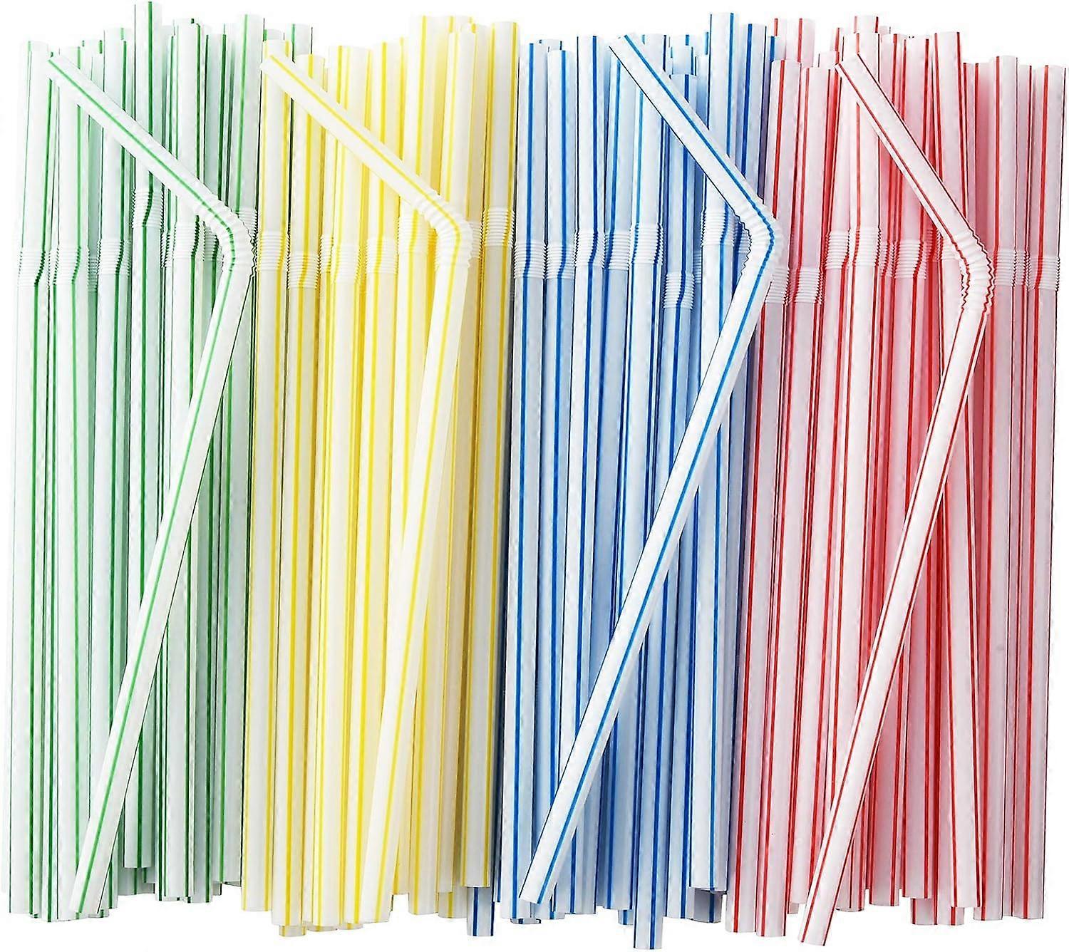 200-Pack Striped Flexible Drinking Straws, Multi Colored Plastic Disposable Bendy Straws - 7.75" x 0.23"