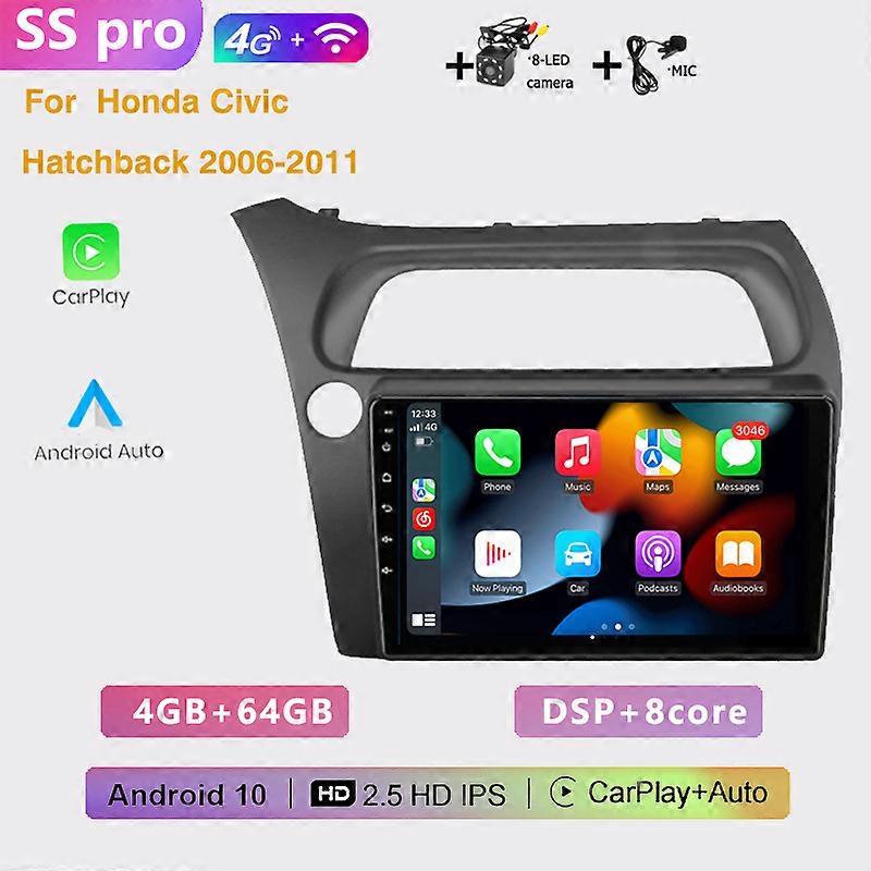 2DIN 4+64G Car radio Android multimedia player Carplay Auto GPS navigation NO DVD for Honda Civic Hatchback 2006 2007 2008-2011