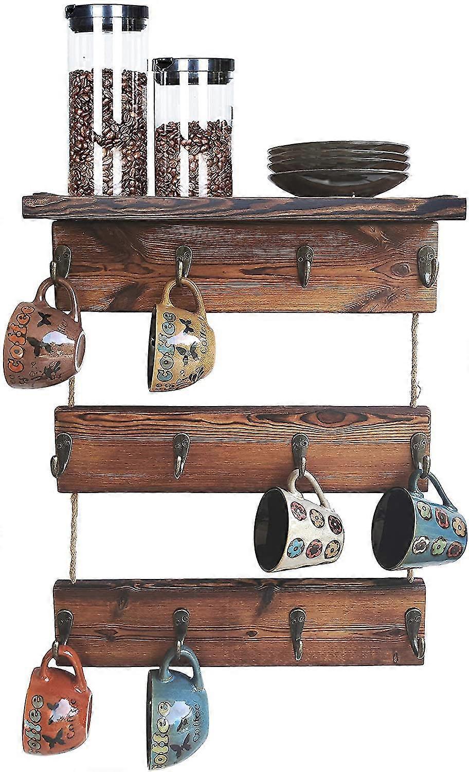 12 Hooks Coffee Cup Holder Solid Wood Mug Rack With Shelf Coffee Bar Mug Display Rustic Kitchen Storage Rack