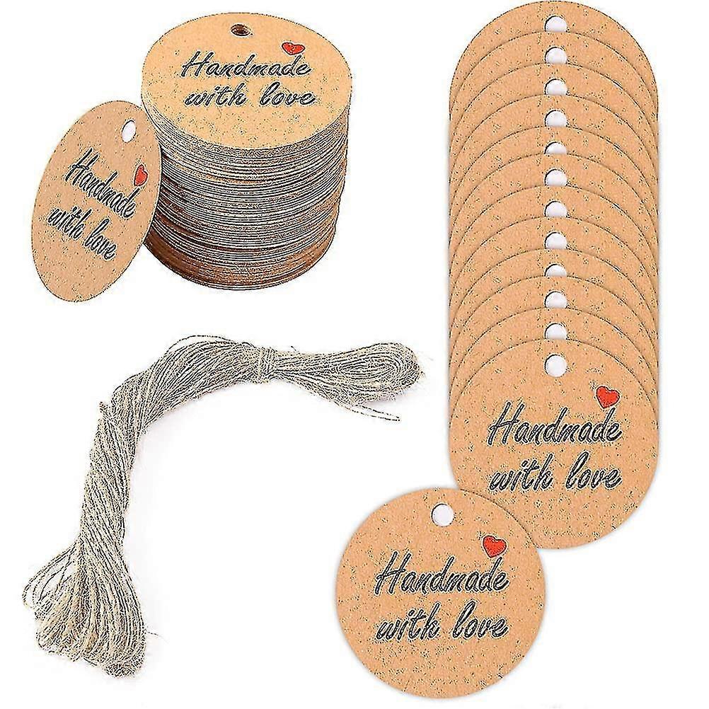 100pcs ετικέτες δώρων, χειροποίητες με τις ετικέτες αγάπης Kraft έγγραφο στρογγυλές ετικέτες δώρων ετικέτες τεχνών με τη χορδή