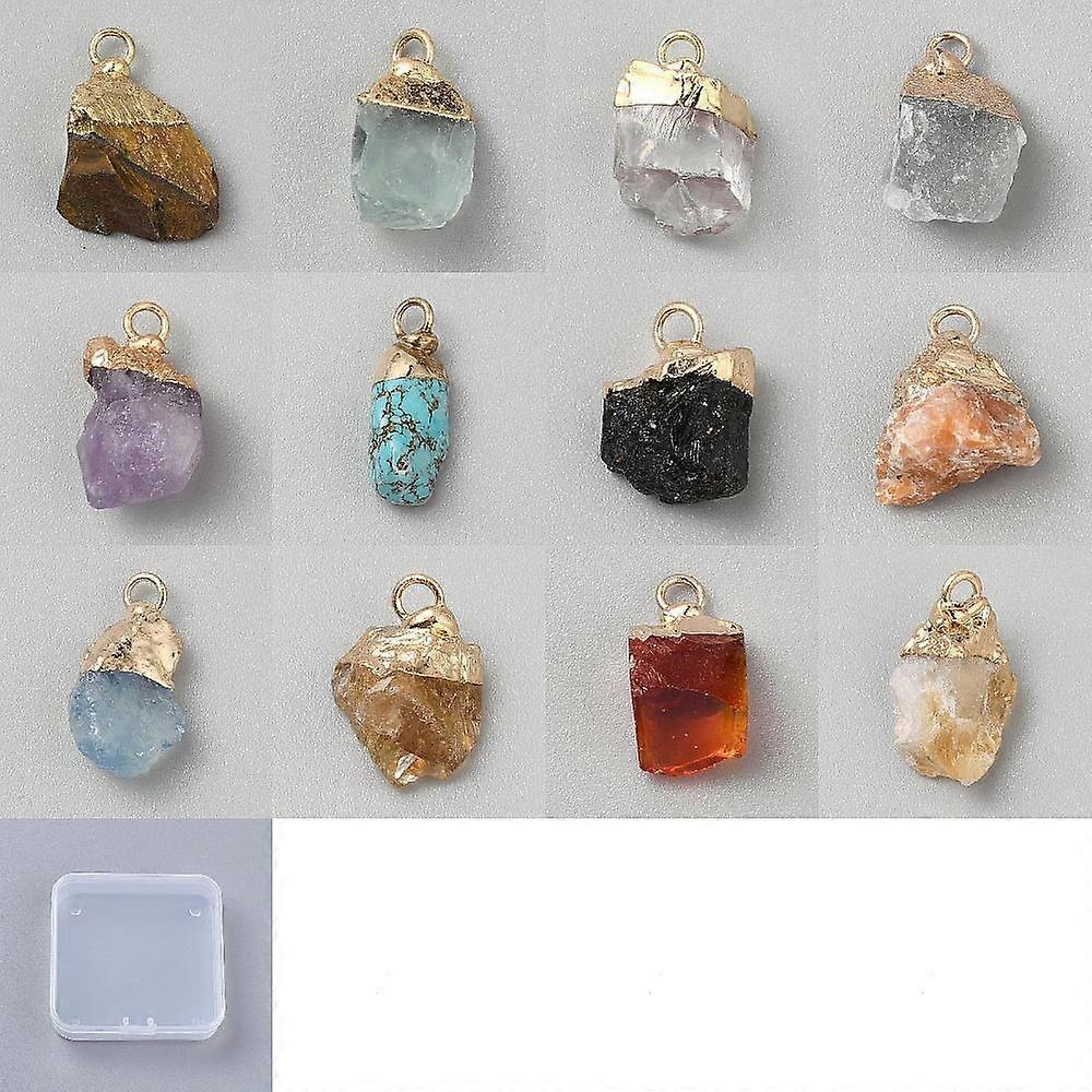 12Pcs 12 Styles Raw Rough Natural & Synthetic Mixed Gemstone Pendants Nuggets Charms with Golden Tone Metal Loops Mixed Dyed and Undyed 17~21x7~16x6.5