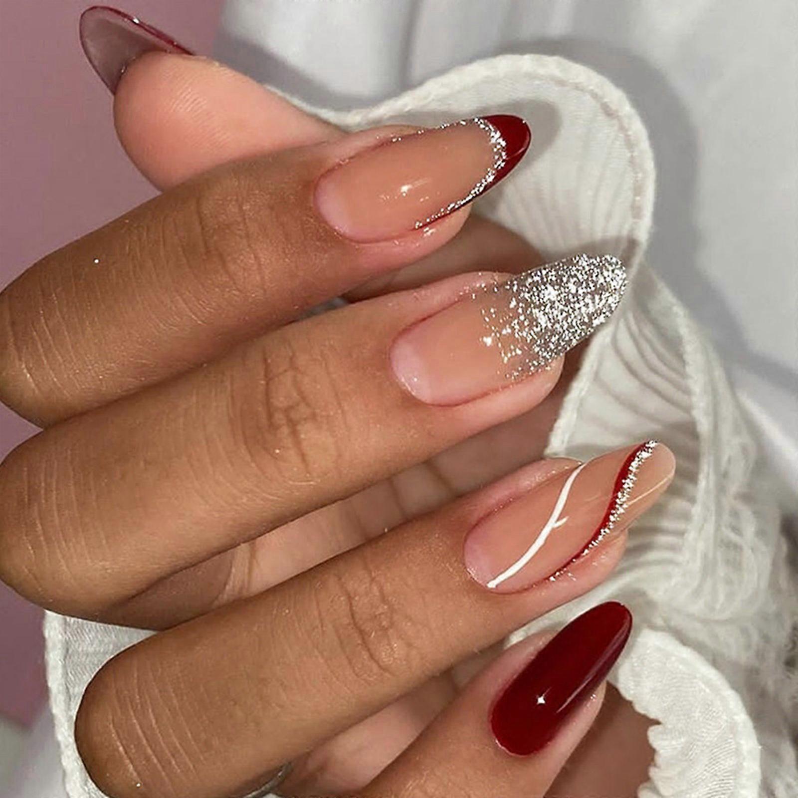 トレンディなシルバーグリッタープレスオンネイルフレンチグラデーションアーモンド偽ネイルアクリルスティックオンネイルあらゆる機会に24個