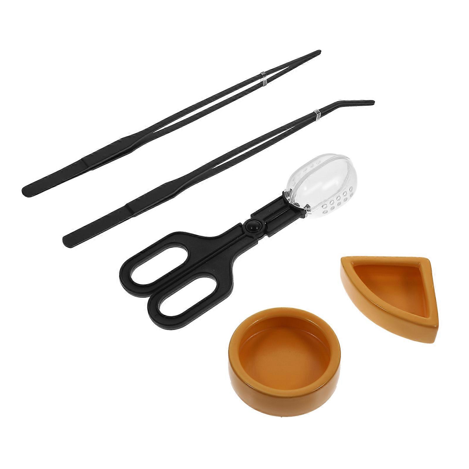 Reptile Feeding Bowl with Tongs, Smooth Surface, Clamp for Lizard Tortoise Food and Water Feeder, Spill Resistant Clip Kit