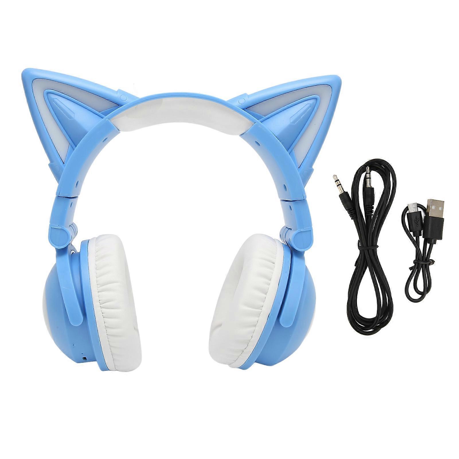 Cute Cat Ears Stereo Bluetooth Headphones High Sensitivity Built-in Microphone Adjustable LED Kids Headset with 3.5mm Cable Blue