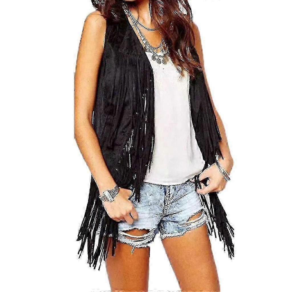 thumbnail image 2 of 70s Retro Hippie Faux Suede Sleeveless Fringe Vest For Women – Boho Cardigan Jacket 2 of 6