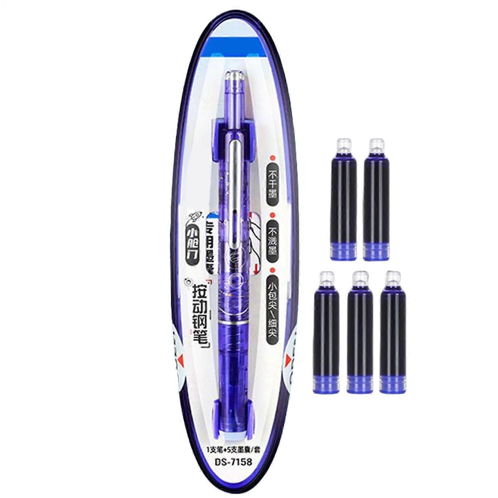 Automatic Rollerball Pen Writing Instrument for School Study, 0.38mm Spring with 5 Ink Cartridges, Dark Blue