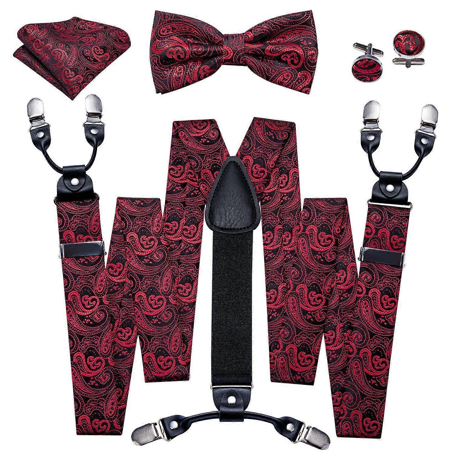 Fashion 6 Clip Paisley Men's Bow tie Suspenders 3.5cm Width Adjustable Elastic Strap Red Braces Suspender Silk Tie Set