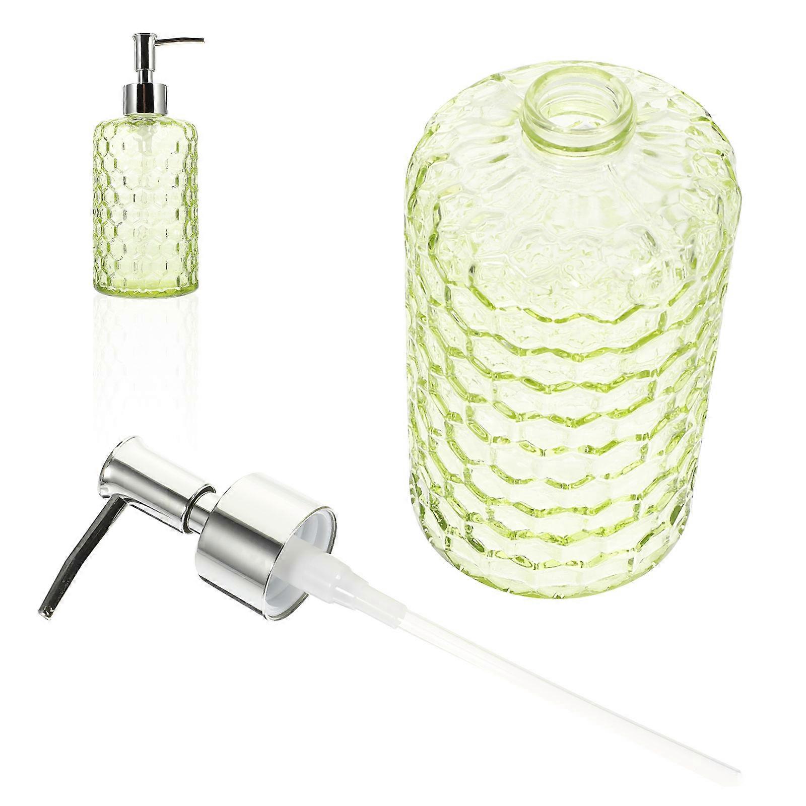 Refillable Green Glass Lotion Dispenser with Silver Pump for Shampoo and Hand Soap – Compact Flat Bottom Design for Bathroom and Kitchen Use