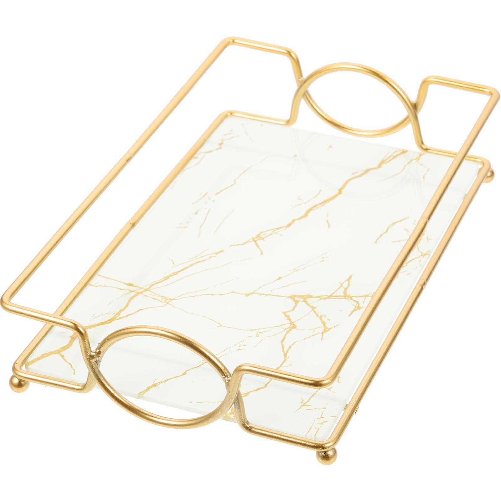 White Iron and Glass Vanity Tray for Storage with Smooth Marbled Surface and Shiny Piece