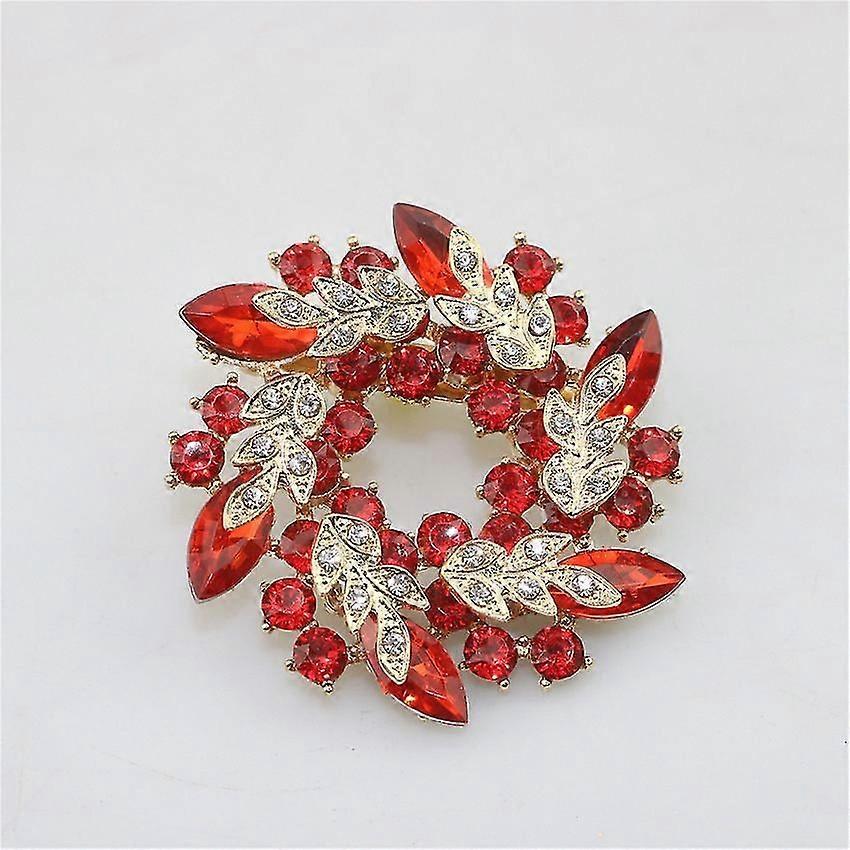 Crystal Wedding Red Flower Wreath Brooch Pin