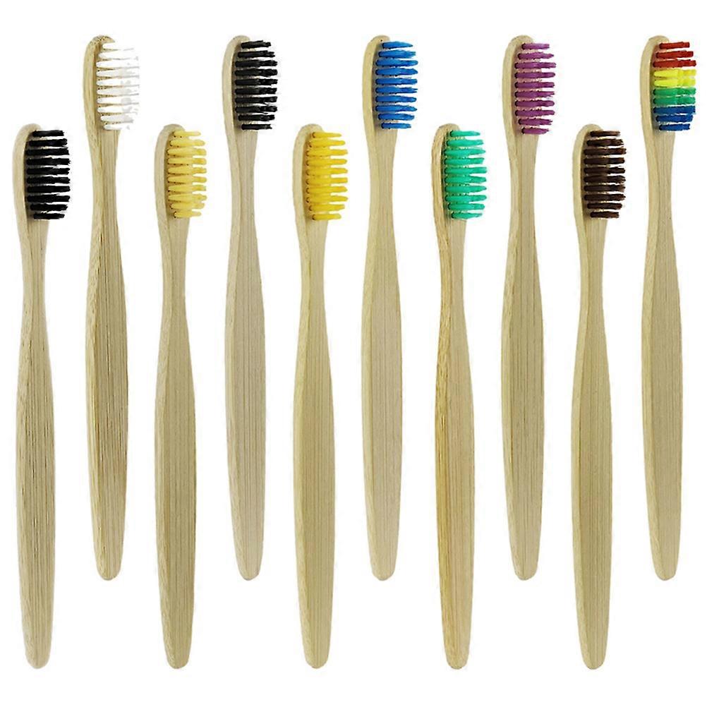 Bamboo Toothbrush Set 10pcs Soft Bristles, Non Slip Handle, Portable Travel Size for Camping, Hotel & Outdoor Use Random Color
