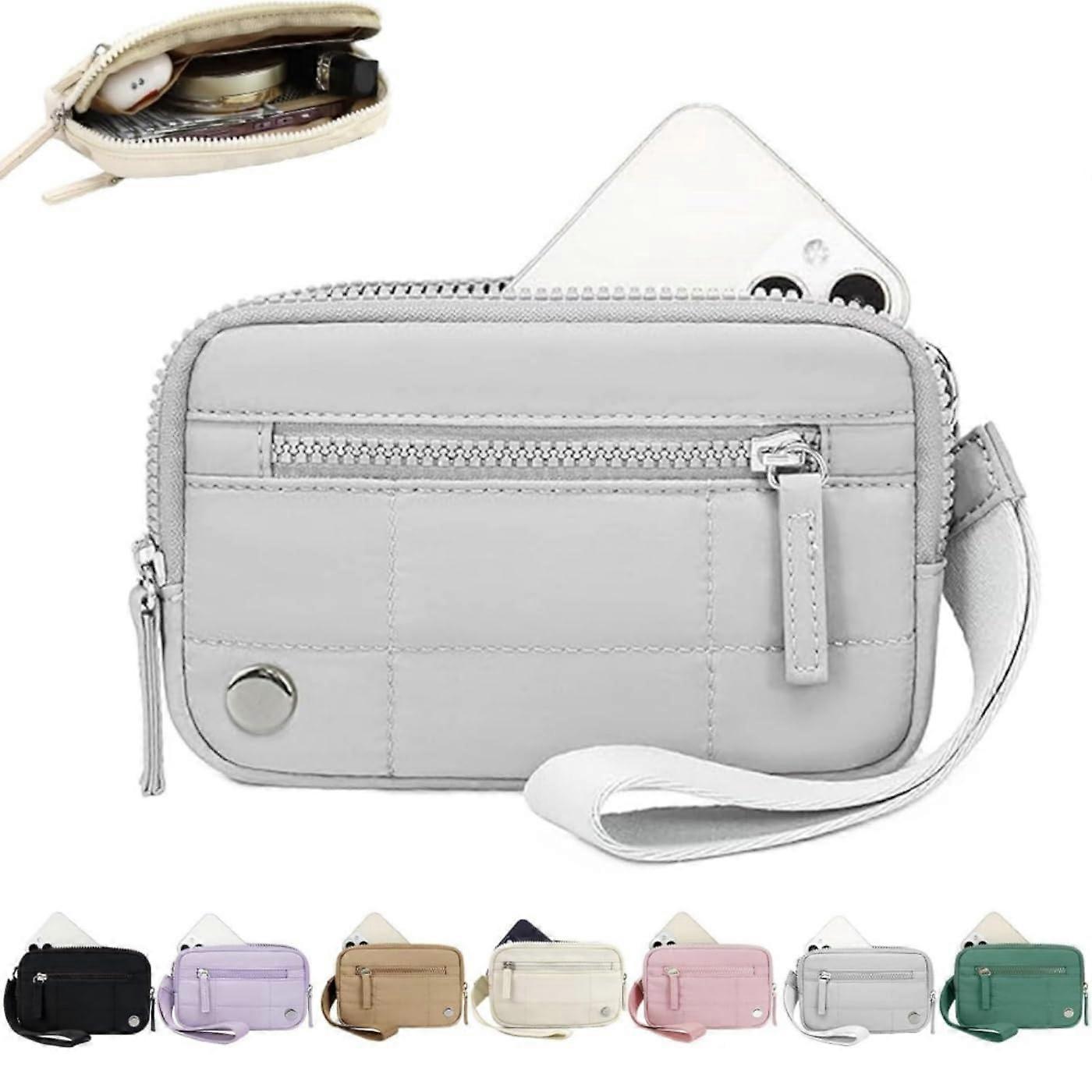 Nylon Quilted Wristlet Wallet for Women with Lightweight Design, 3 Zipper Pockets and ID Window, Gray