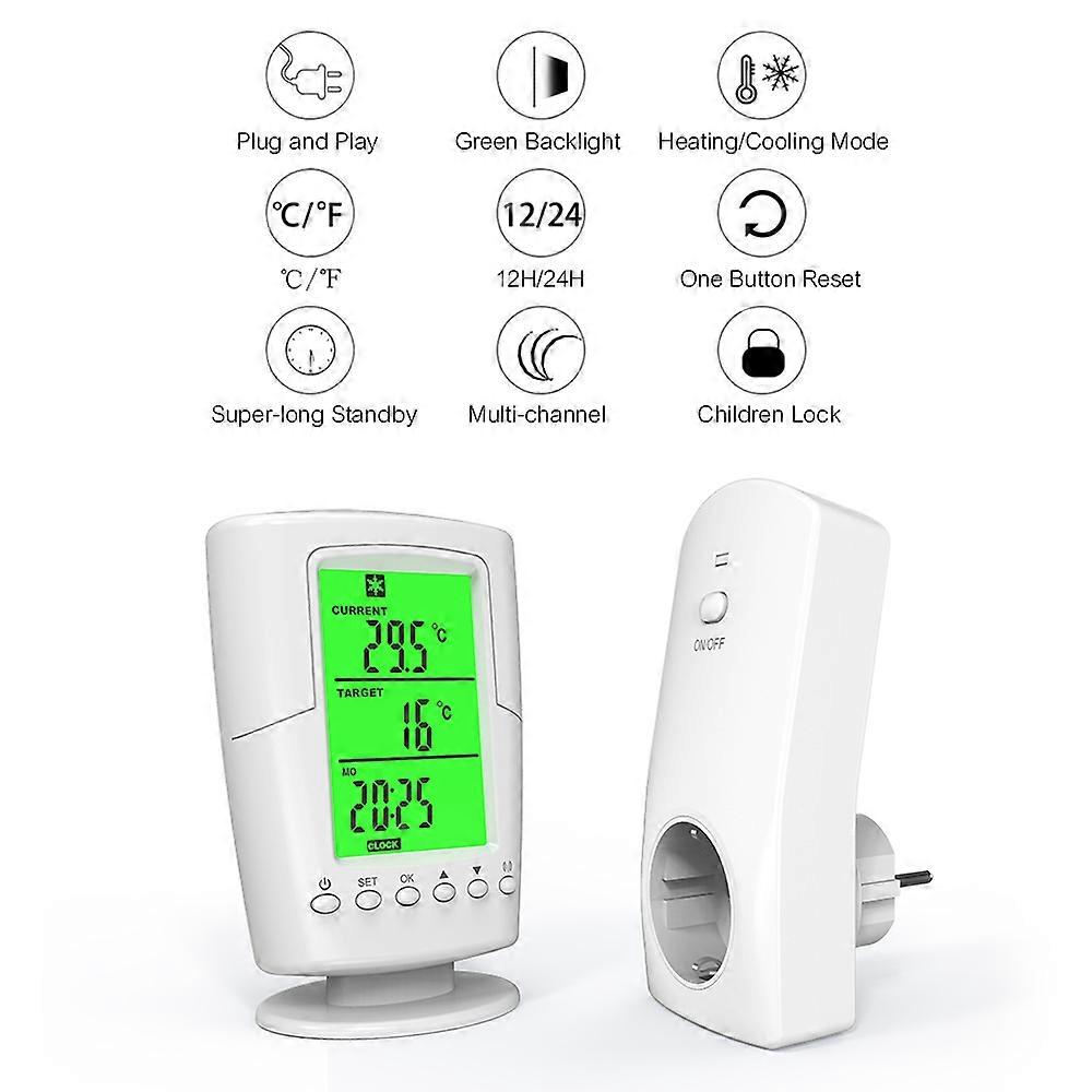 Smart Programmable Wireless Remote Thermostat + Plug in Socket Heating Cooling Program Temperature Controller--AC220V-240V 16A EU Plug