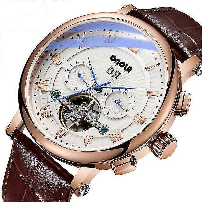 Men Automatic Watch Flywheel Hollow Date Display Leather Strap Mech...