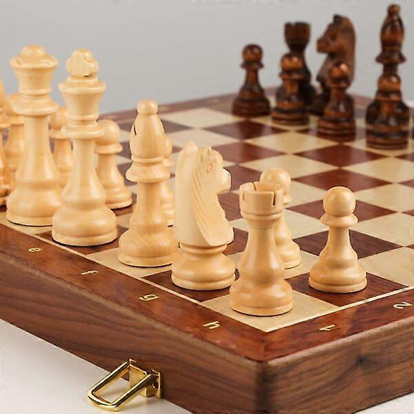 15-inch walnut chess set with storage board, suitable for two players