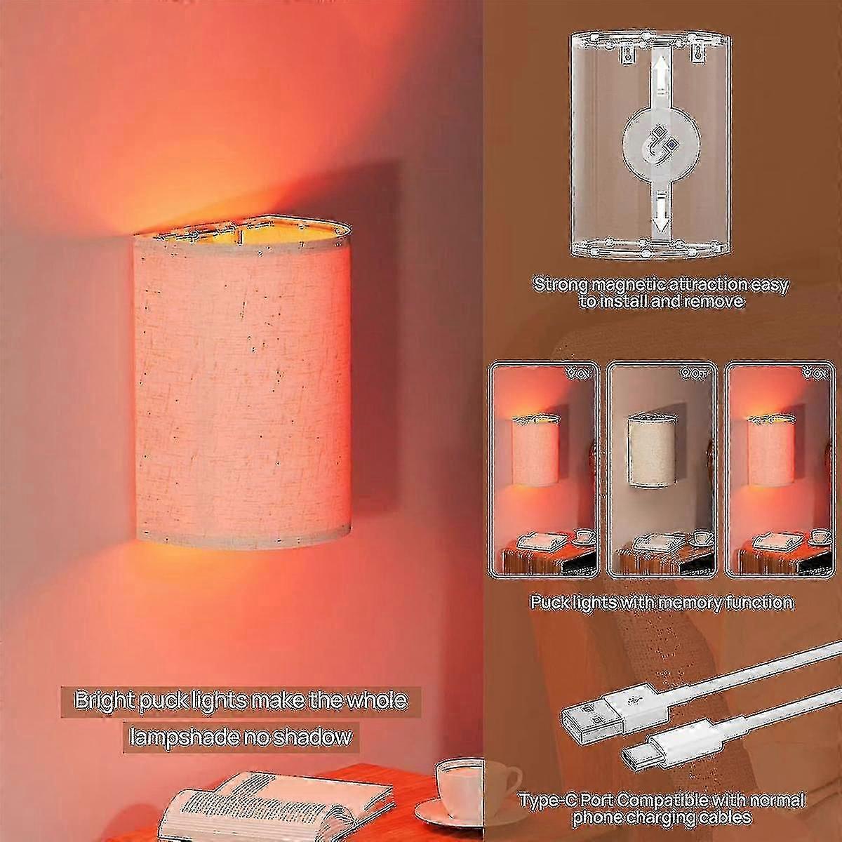 Rechargeable Wall Sconce Magnetic Wireless Lamp Rgb Colors Dimmable With Fabric Linen Shade And Remote, Lighting 2pcs - JV