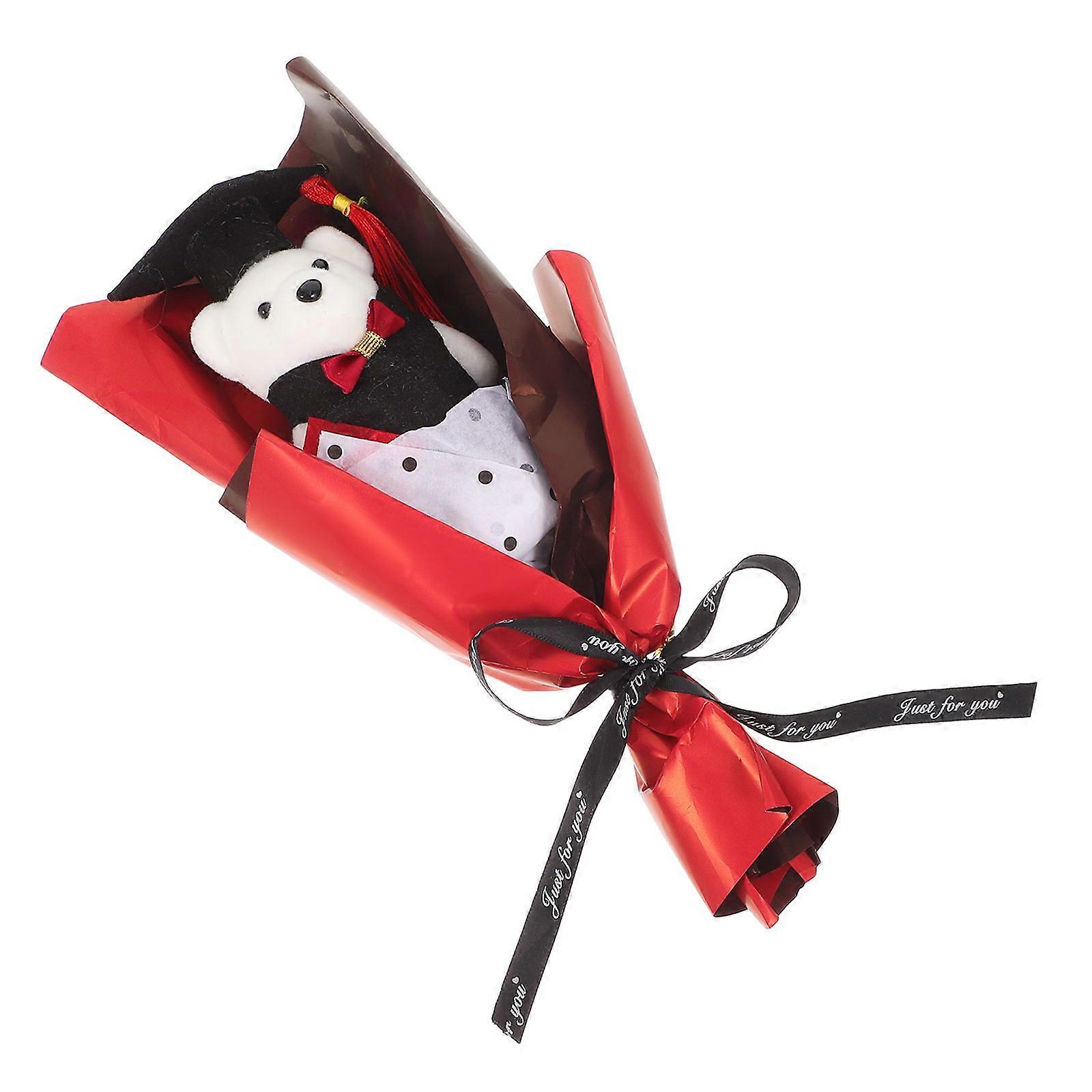 Graduation Plush Bear Bouquet for Decor with Artificial Flowers 4Pcs