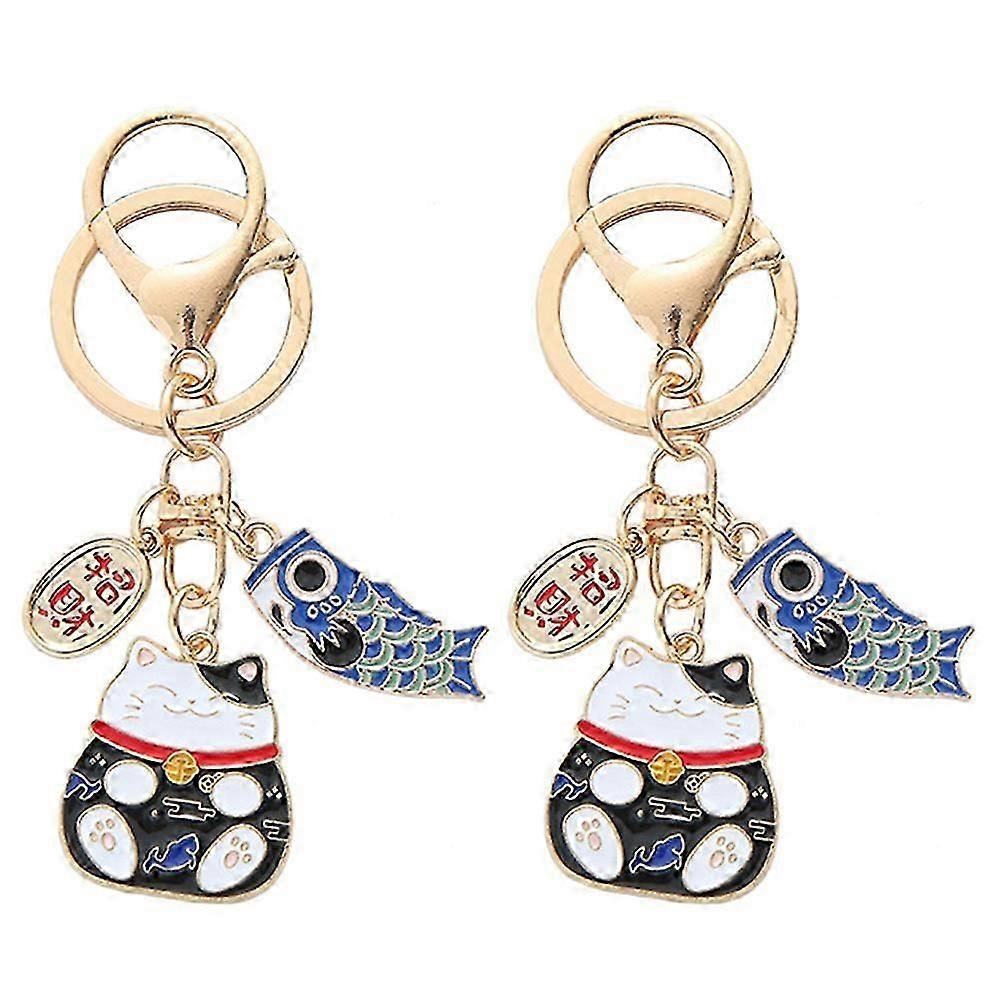 2pcs Fortune Cat Key Ring Japanese Style Keychain Zinc Alloy Key Chain Decor