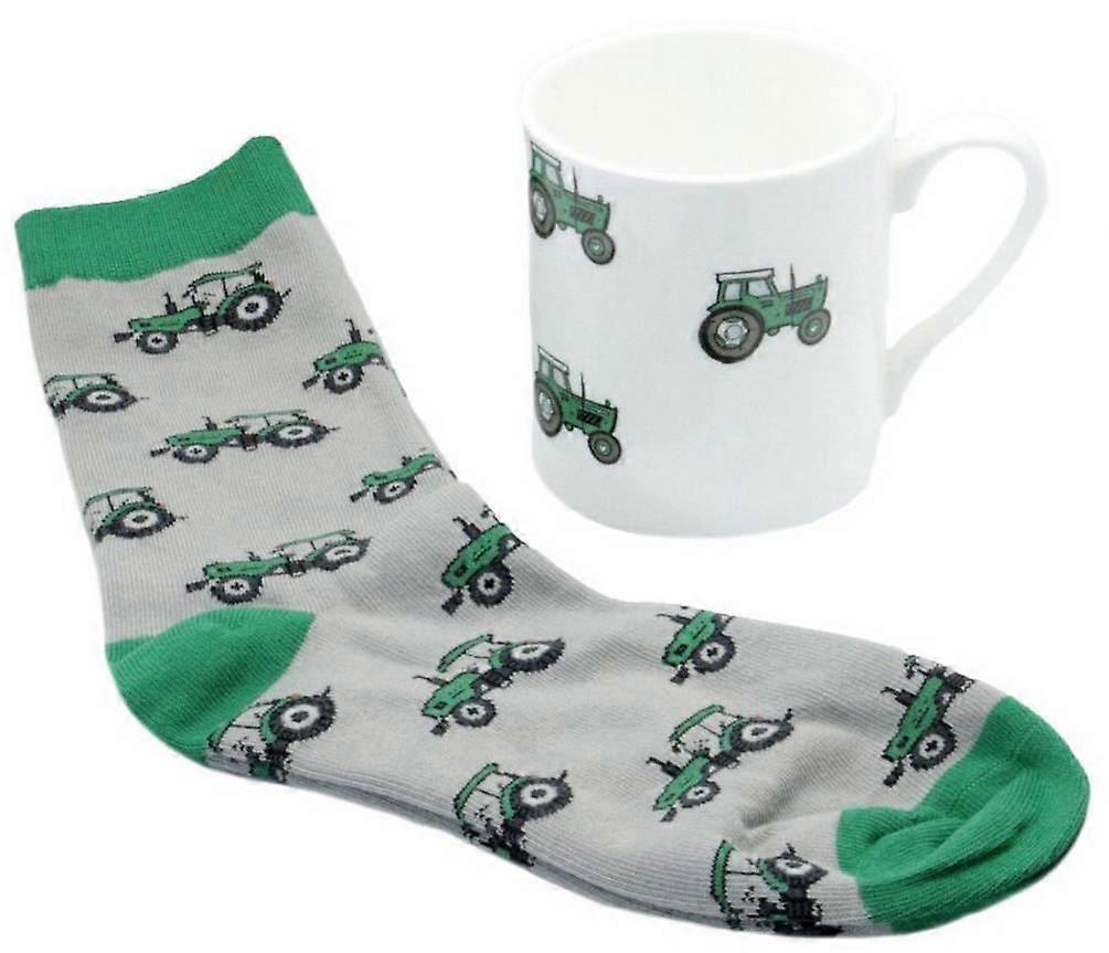 David Aster Green Tractor Mug and Sock Set - White