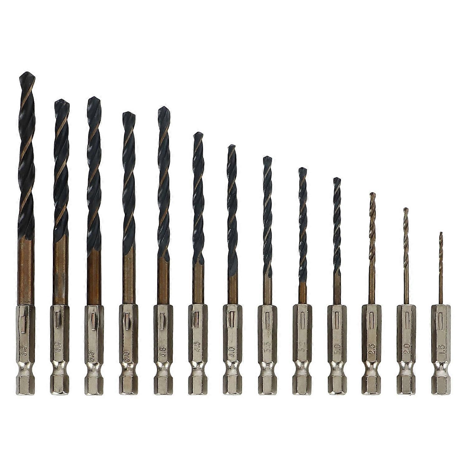 13Pcs Twist Drill Bit 1/4in Hex Shank 1.5‑6.5mm Fast Change for Wood Plastic Metal