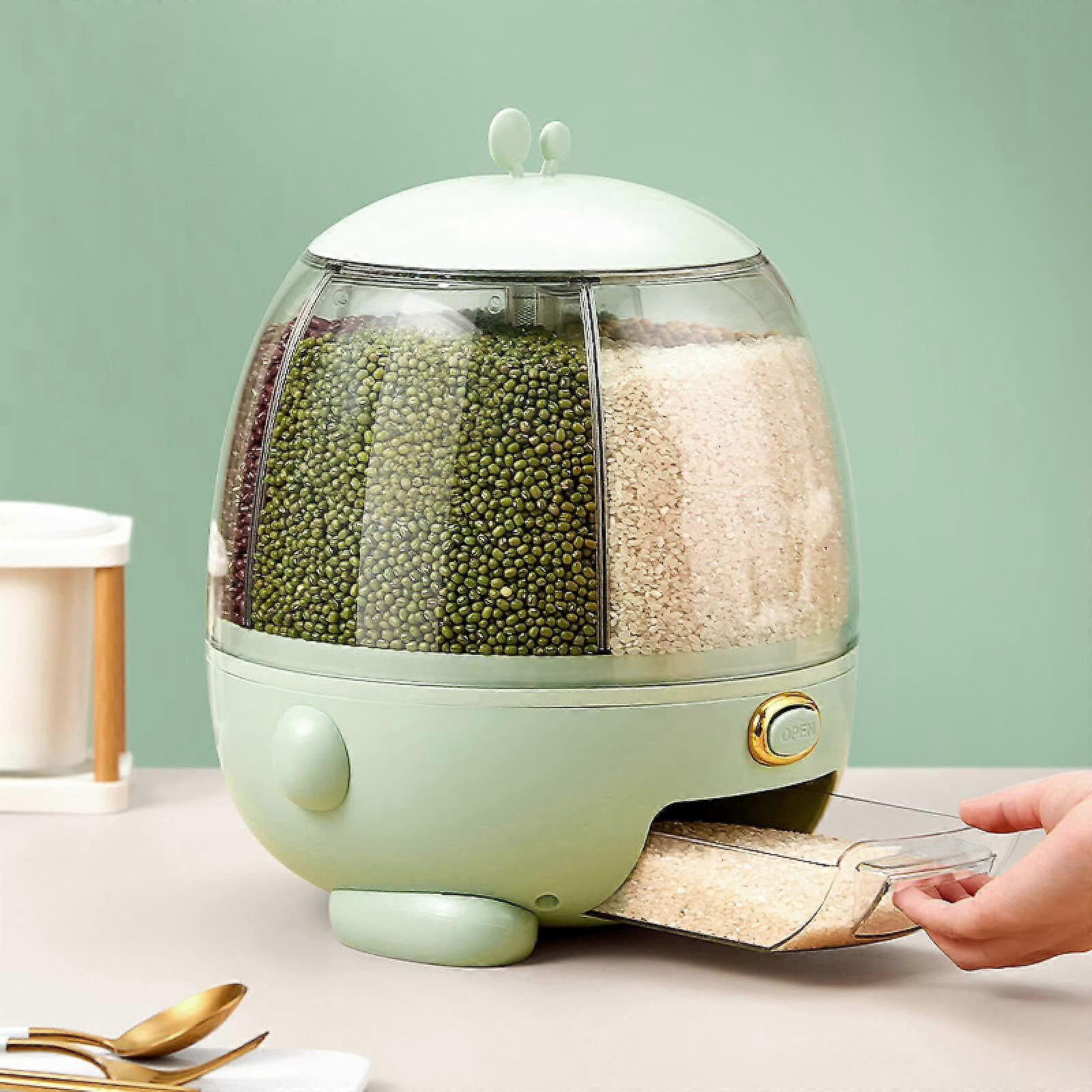 Grain Dispenser 360 Degree Rotating 5Grid Food Dispenser, Rice and Grain Storage Container, OneClick Rice Output, Green