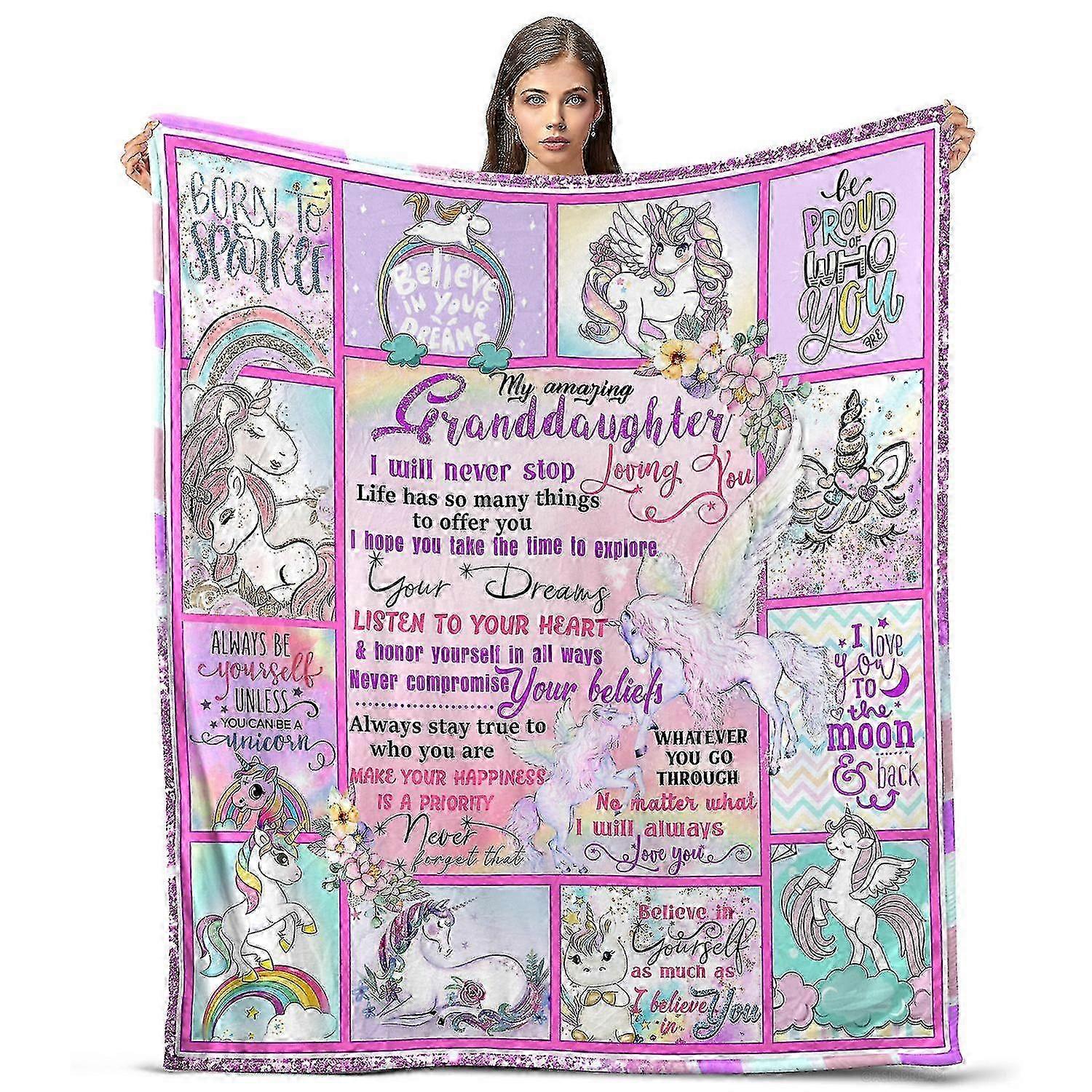 Oasisdream Lightweight and Smooth Blanket for Granddaughter with Cute Animals and Rainbow Print z