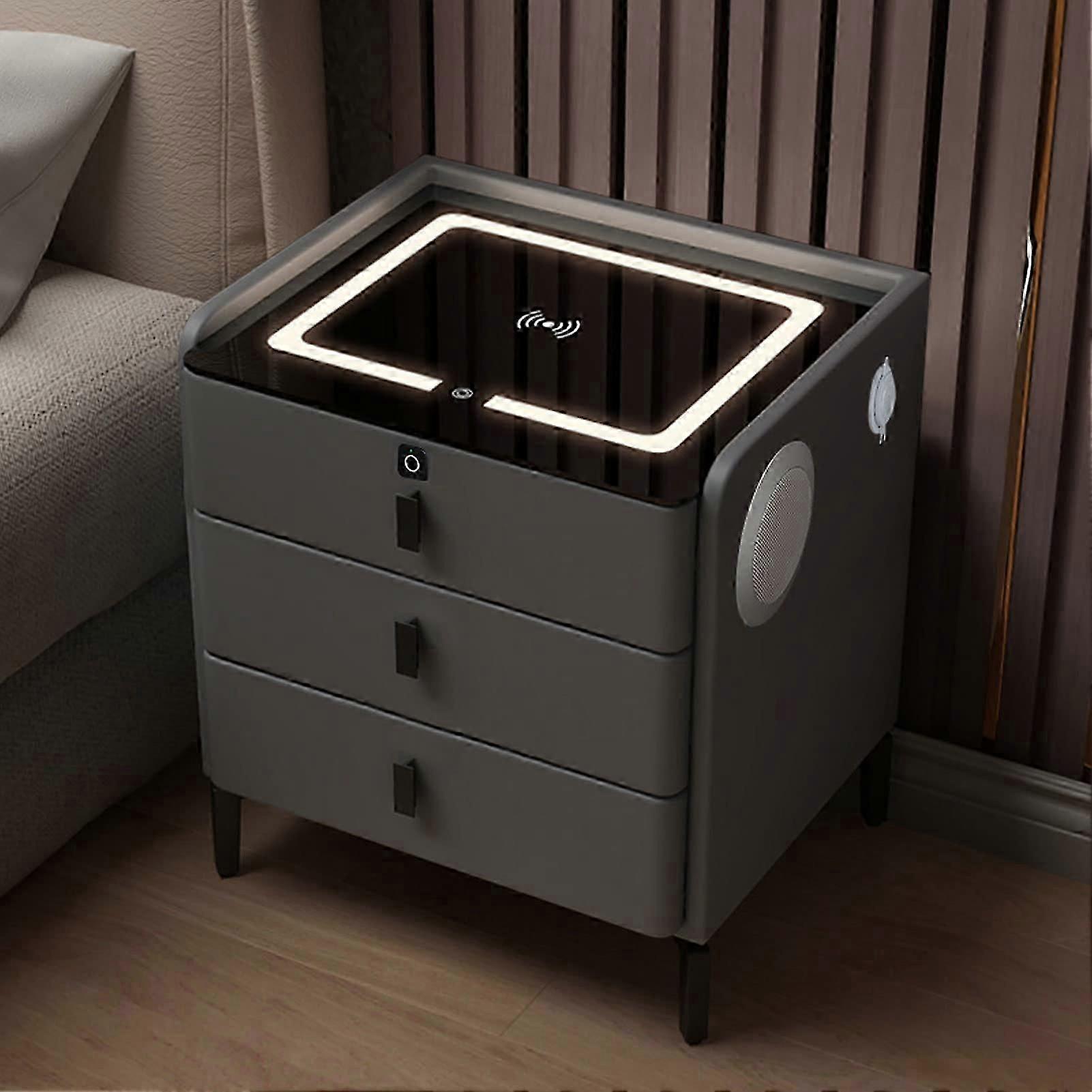 Smart Nightstand with Lockable Drawers, USB Charging, Wireless Charging, Three-Color Light, and Bluetooth Speaker, White