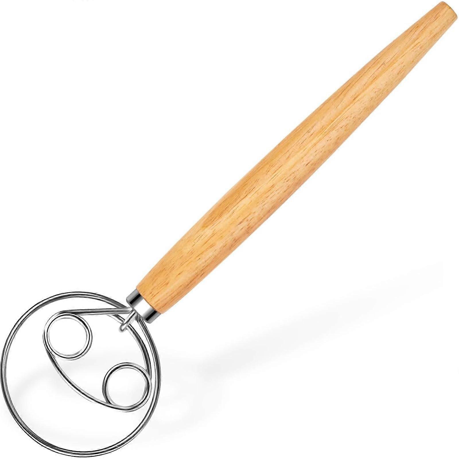 Stainless Steel Danish Bread Dough Whisk Double Eye Design with Ergonomic Wooden Handle for Baking