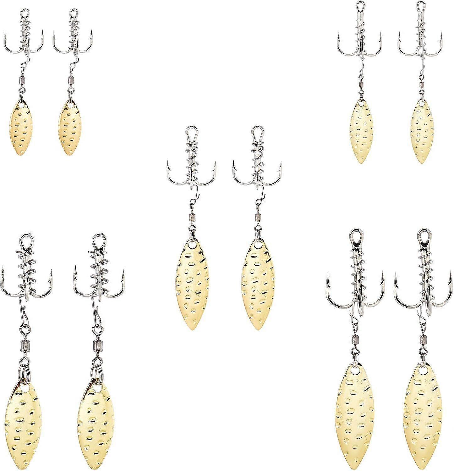 10Pcs 5 Sizes Fishing Three Hooks Treble Fishing Hook with Lure Treble Hooks with Willow Blade Replacement Bladed Spinner Hooks for Trout Bass Freshwa