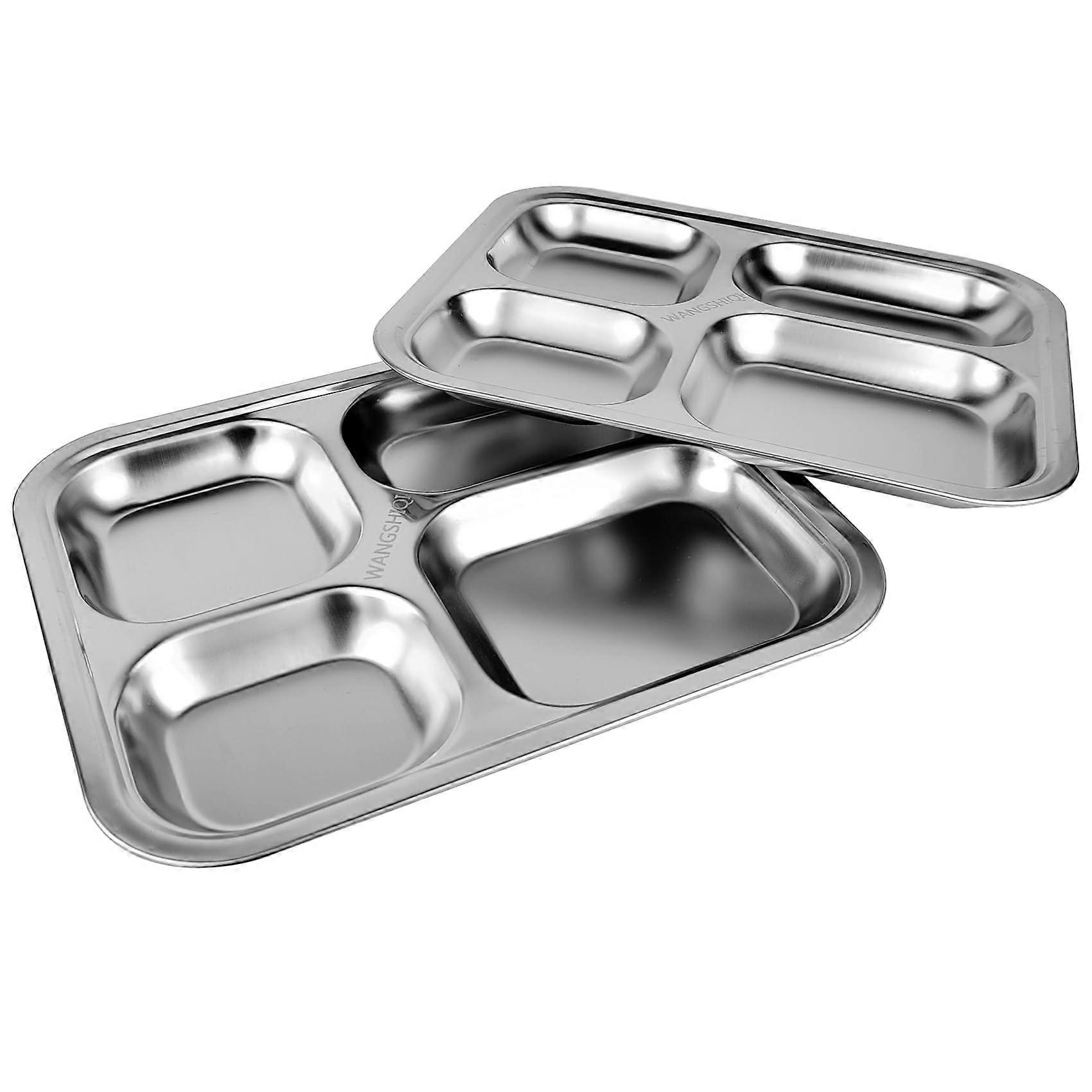2 Pack Stainless Steel Divided Plates, 4Section RustResistant Lunch Trays for Adults and Camping
