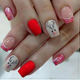 Conjunto de unhas postiças natalinas para mulheres, unhas curtas quadradas para as festas de fim de ano, acabamento brilhante e reutilizável, 24 peças.