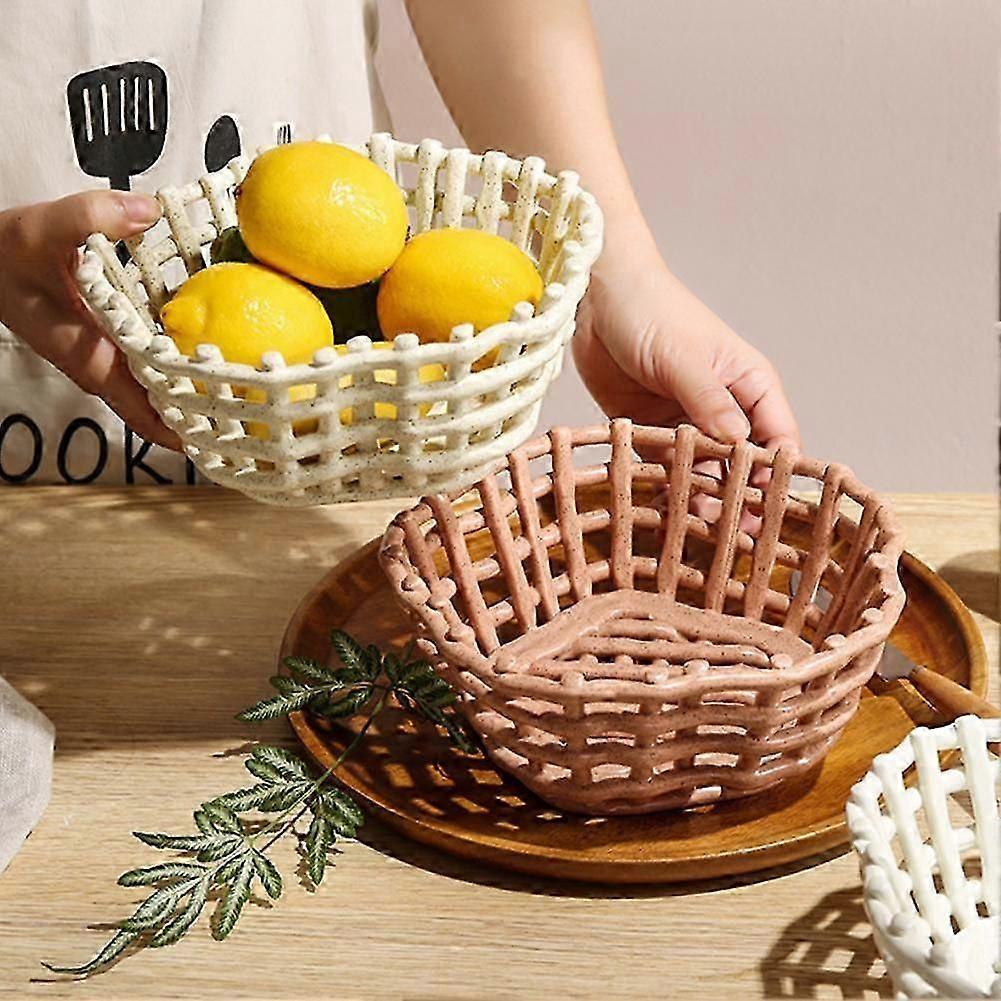 Large Beige Circular Glazed Ceramic Fruit Basket Bowl