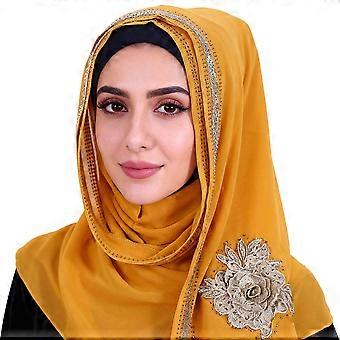 Women Mustard Yellow Rhinestone Floral Embroidered Hijab Scarf Muslim Head Wrap
