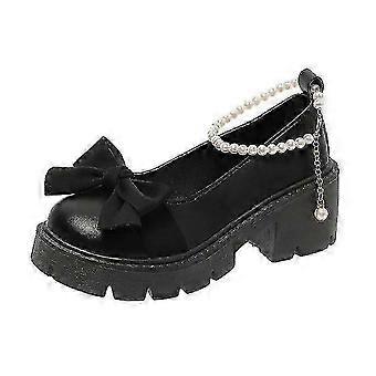 Leather Shoes Female French Thick Heel Pearl Bow Mary Jane Single Shoes