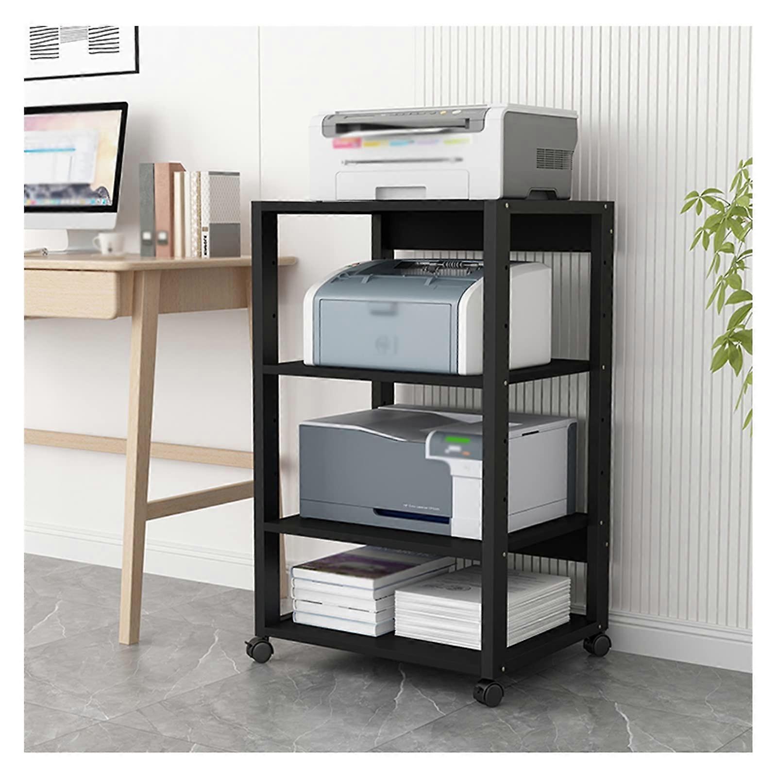 4 Tier Black Printer Stand with Wheels, Office Printer Shelf with SpaceSaving Storage and Durable Frame