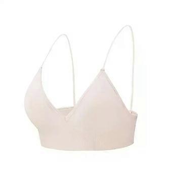 Dames, naadloze bh met driehoekige cups, topje, ondergoed, omsluitende pasvorm, maten S, M, L. Ademend, V-hals, gerimpeld design, geschikt voor sport, fitness, yoga en casual gebruik.