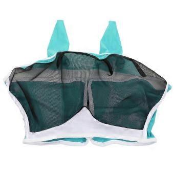 Mesh Horse Fly Mask with Ears, Breathable UV Protection, Detachable Elastic Satin, Insect Repellent, Compatible with Horses, Blue Green S