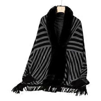 Open Front Furry Collar Cardigan Shrug Striped Knitted Batwing Sleeve Shawl Casual Loose Ponchos Capes Cloak for Women Gray