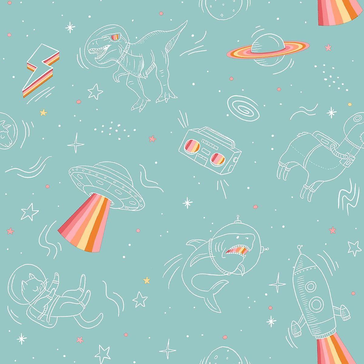 Muriva Space Explorer Turquoise Wallpaper