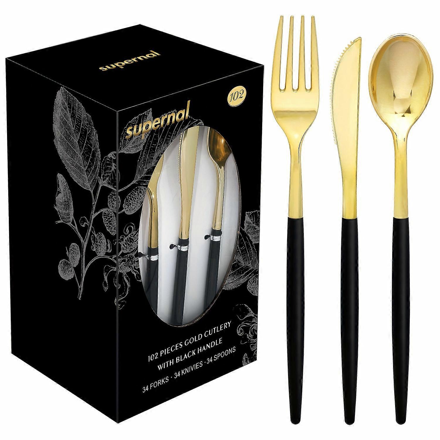 102pcs Golden Plastic Cutlery Set - Premium, Rust-resistant & Durable - Stylish Black Handle Design - Complete with Forks, Knives & Spoons - Perfect f